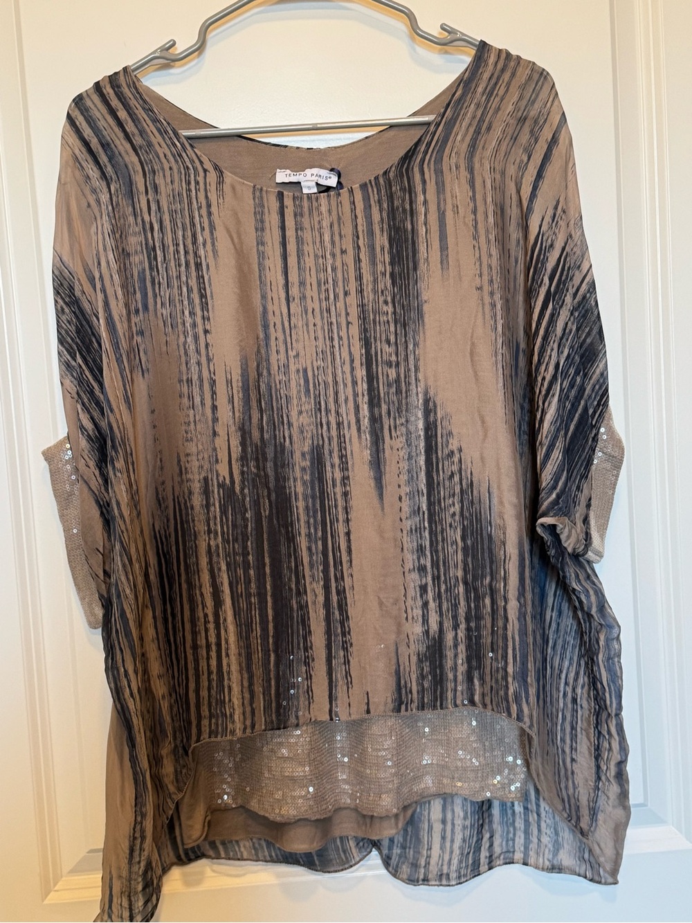 Tempo Paris Taupe and Blue Striped Silk Poncho Lined with Sequin Trim. - Picture 11 of 11